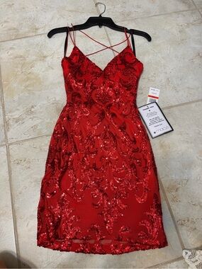 B Darlin Red Sequin Embellished Spaghetti Strap Mini Dress